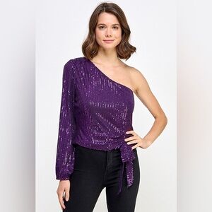 Sequin One-Shoulder Evening Blouse in Purple